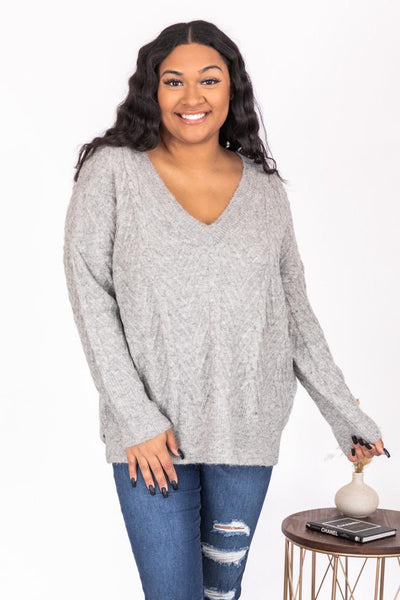 DARYL-ANN DENNER X PINK LILY Elayne Grey Herringbone Textured Sweater