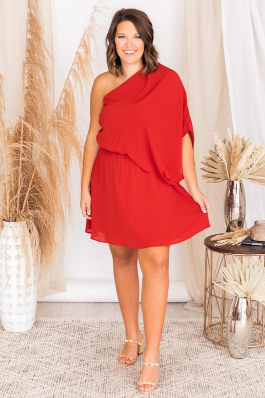 Grand Style Brick One Shoulder Mini Dress