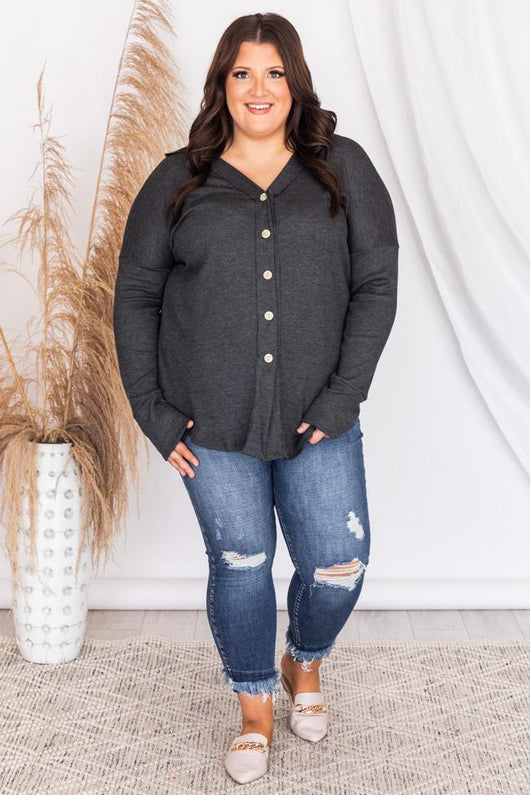 Above All Else Charcoal Button Down Blouse