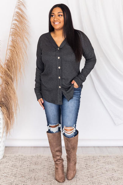 Above All Else Charcoal Button Down Blouse