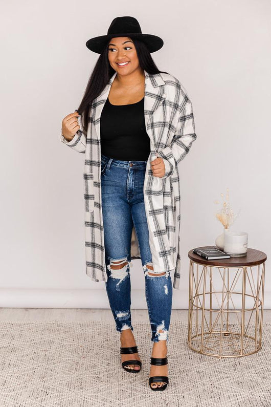 No Doubts In Mind Black/White Plaid Belted Coat
