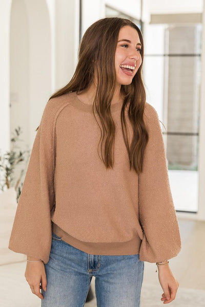 DARYL-ANN DENNER X PINK LILY Kaylee Tan Textured Crew Neck Sweater