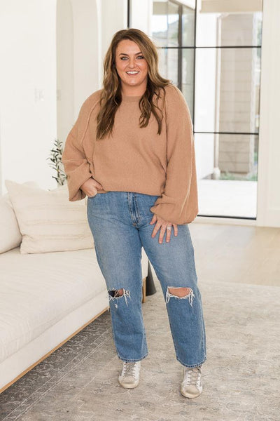 DARYL-ANN DENNER X PINK LILY Kaylee Tan Textured Crew Neck Sweater