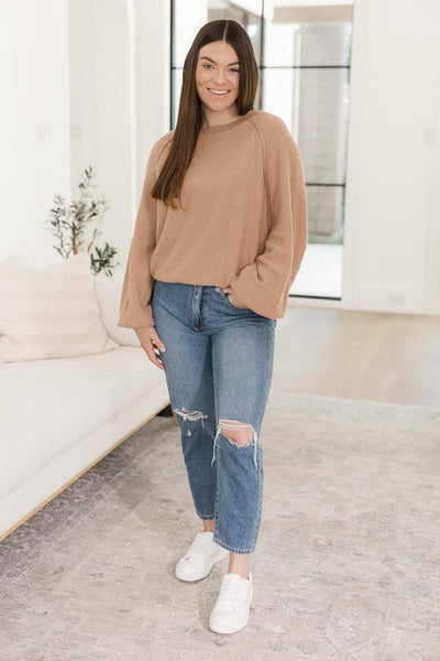 DARYL-ANN DENNER X PINK LILY Kaylee Tan Textured Crew Neck Sweater
