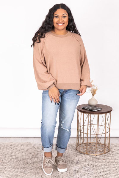 DARYL-ANN DENNER X PINK LILY Kaylee Tan Textured Crew Neck Sweater