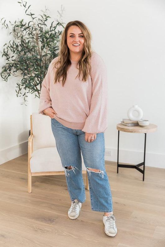 DARYL-ANN DENNER X PINK LILY Kaylee Blush Textured Crew Neck Sweater