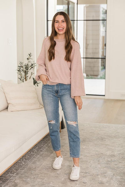 DARYL-ANN DENNER X PINK LILY Kaylee Blush Textured Crew Neck Sweater