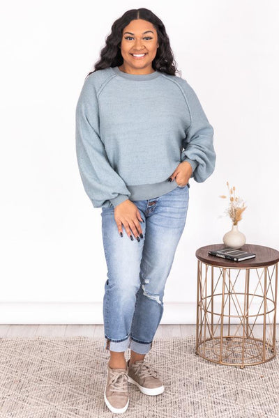 DARYL-ANN DENNER X PINK LILY Kaylee Blue Textured Crew Neck Sweater