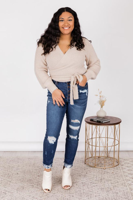 Predictable Week Beige Fuzzy Wrap Cropped Sweater