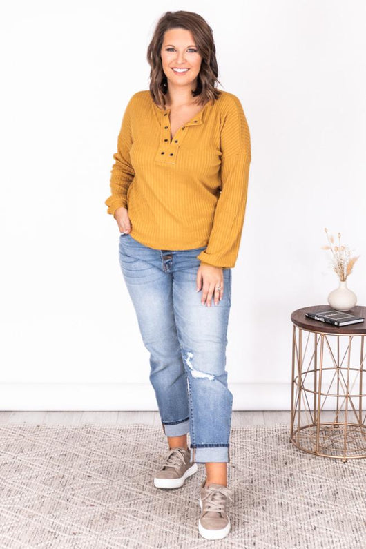 Lasting Words Split Mustard V-Neck Ribbed Blouse