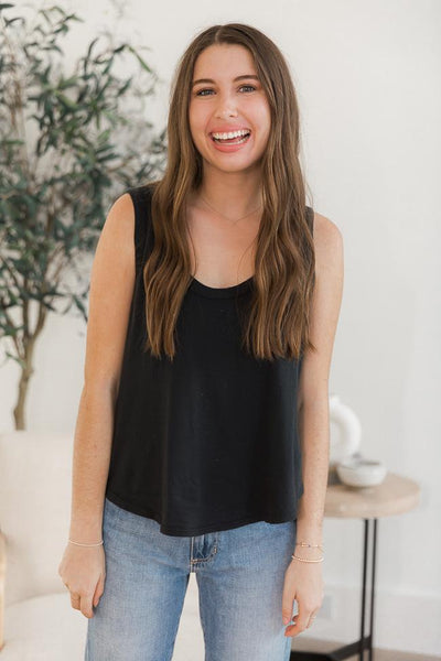 DARYL-ANN DENNER X PINK LILY Tina Washed Scoop Neck Black Tank