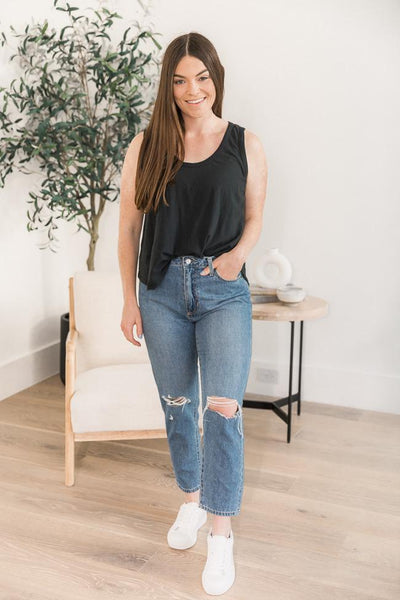 DARYL-ANN DENNER X PINK LILY Tina Washed Scoop Neck Black Tank