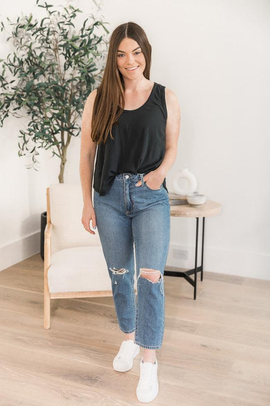 DARYL-ANN DENNER X PINK LILY Tina Washed Scoop Neck Black Tank