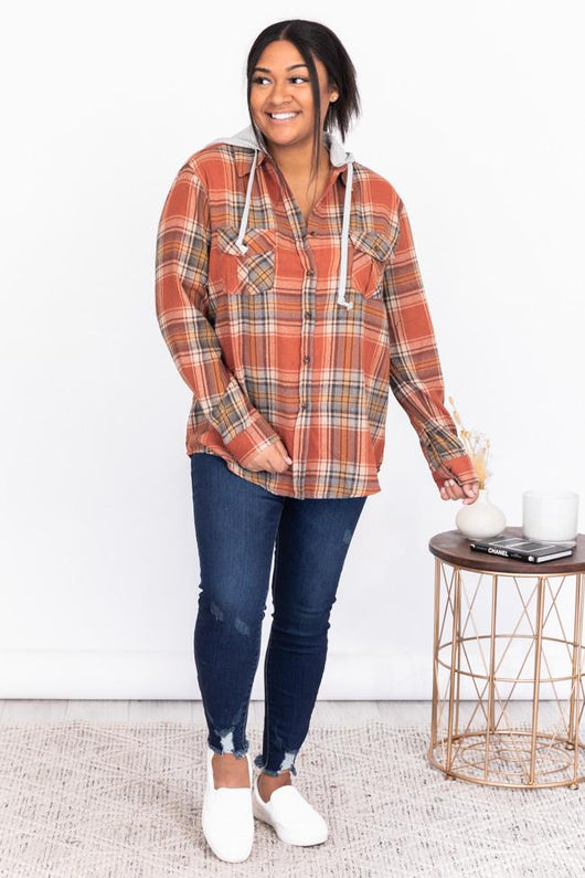 Simple Trends Rust Plaid Flannel Blouse