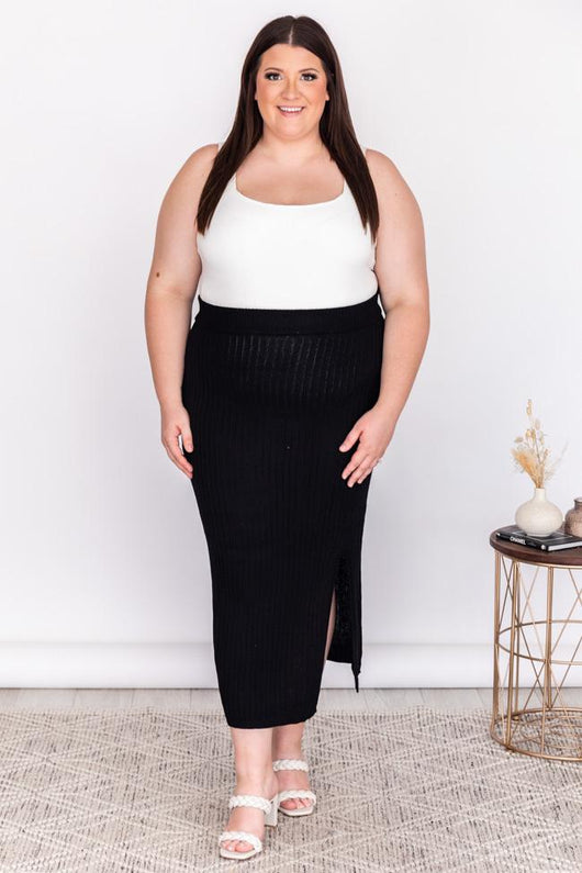 Make A Decision Black Side Slit Sweater Midi Skirt
