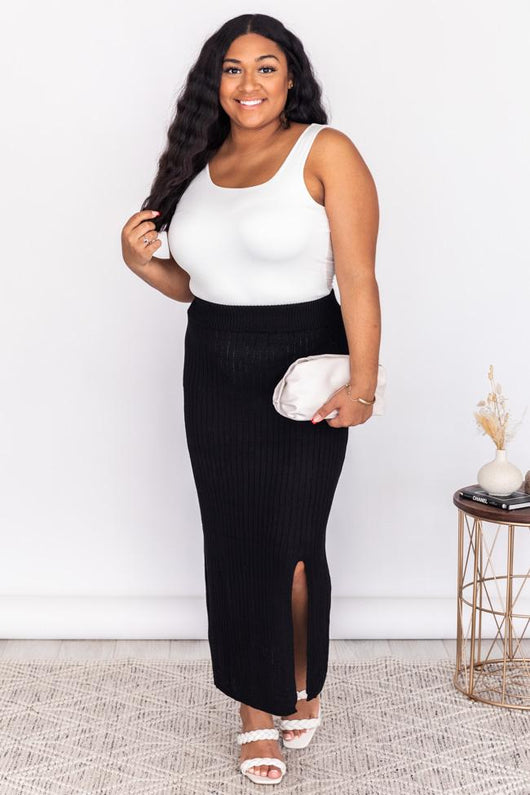 Make A Decision Black Side Slit Sweater Midi Skirt