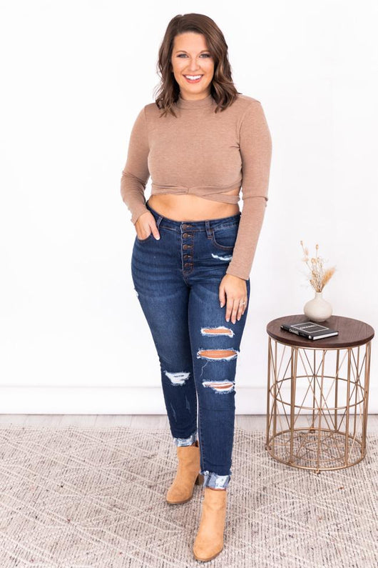 Enjoying Everyday Beige Cropped Mock Neck Blouse