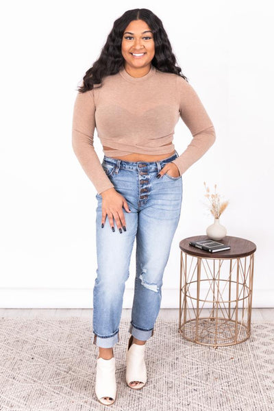 Enjoying Everyday Beige Cropped Mock Neck Blouse