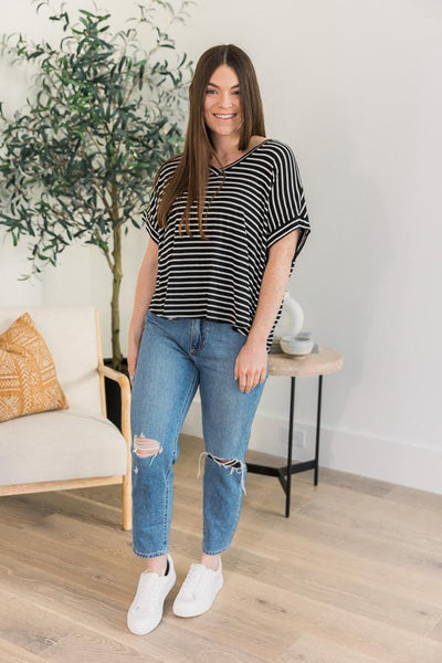 DARYL-ANN DENNER X PINK LILY Roberta Black/White Striped V-Neck Blouse