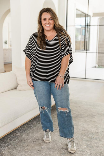 DARYL-ANN DENNER X PINK LILY Roberta Black/White Striped V-Neck Blouse
