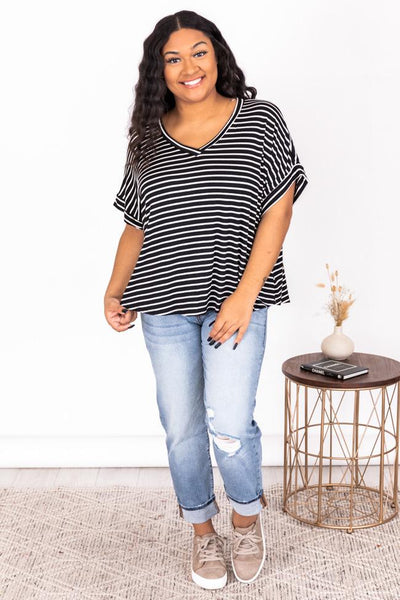 DARYL-ANN DENNER X PINK LILY Roberta Black/White Striped V-Neck Blouse