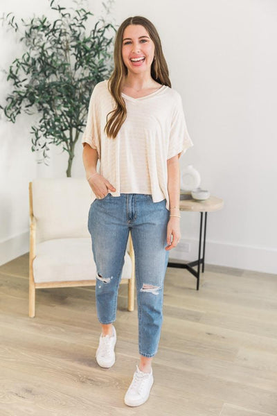 DARYL-ANN DENNER X PINK LILY Roberta Oatmeal/Ivory Striped V-Neck Blouse