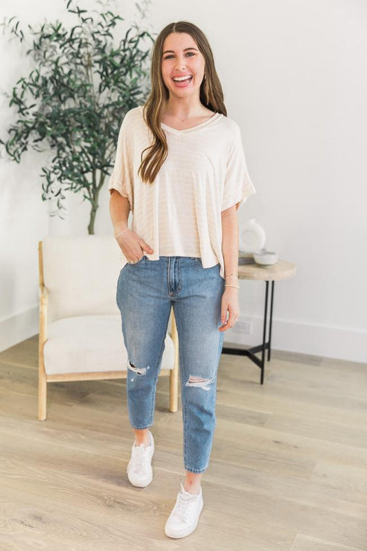 DARYL-ANN DENNER X PINK LILY Roberta Oatmeal/Ivory Striped V-Neck Blouse