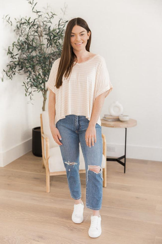 DARYL-ANN DENNER X PINK LILY Roberta Oatmeal/Ivory Striped V-Neck Blouse