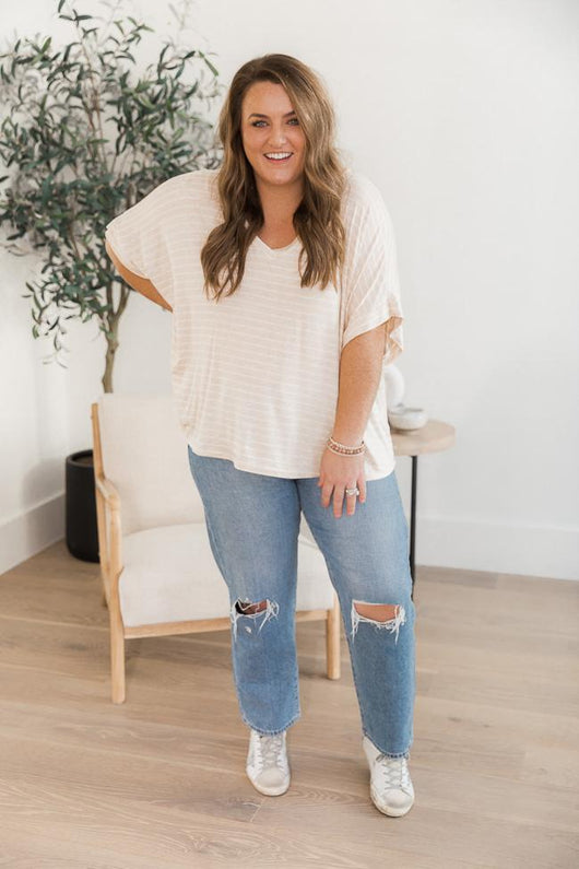 DARYL-ANN DENNER X PINK LILY Roberta Oatmeal/Ivory Striped V-Neck Blouse