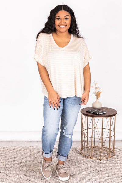 DARYL-ANN DENNER X PINK LILY Roberta Oatmeal/Ivory Striped V-Neck Blouse