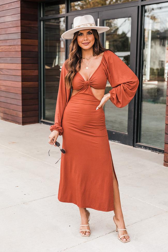 Telling A Story Rust Long Sleeve Cutout Dress