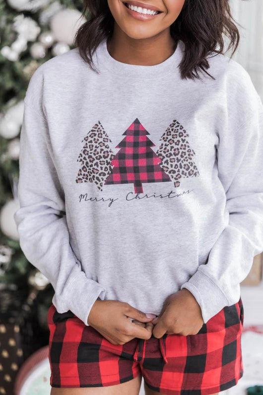 Plaid And Animal Print Trees Graphic Ash Sweatshirt