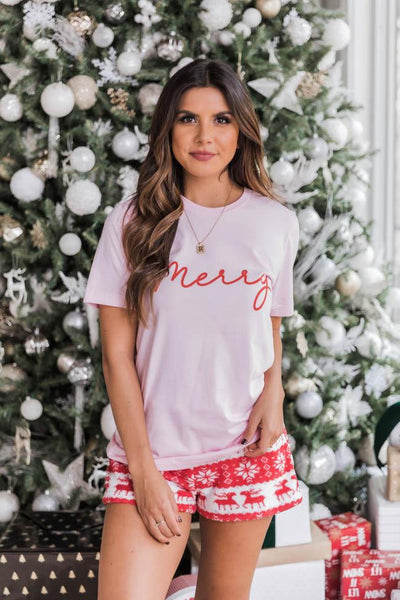 Merry Script Graphic Light Pink Tee