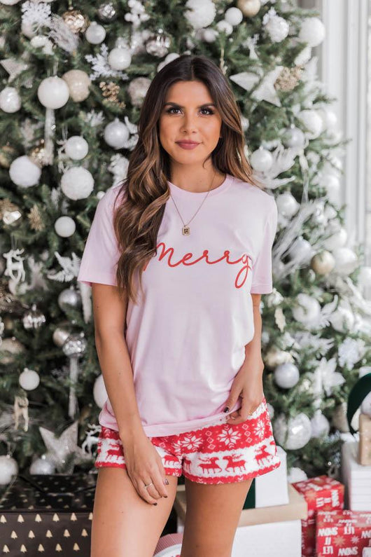 Merry Script Graphic Light Pink Tee