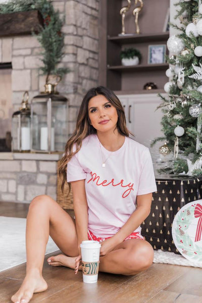 Merry Script Graphic Light Pink Tee