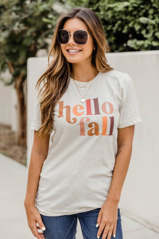 Hello Fall Multicolor Graphic Oatmeal Tee