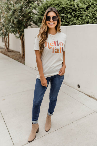 Hello Fall Multicolor Graphic Oatmeal Tee