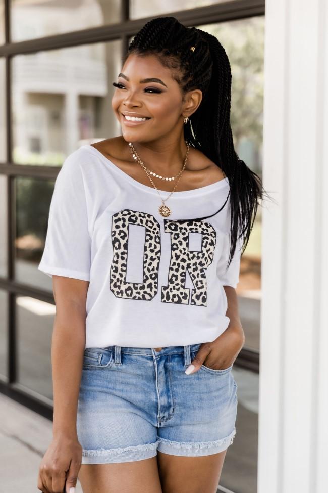 Leopard Printed State Letters White Graphic Slouchy Tee