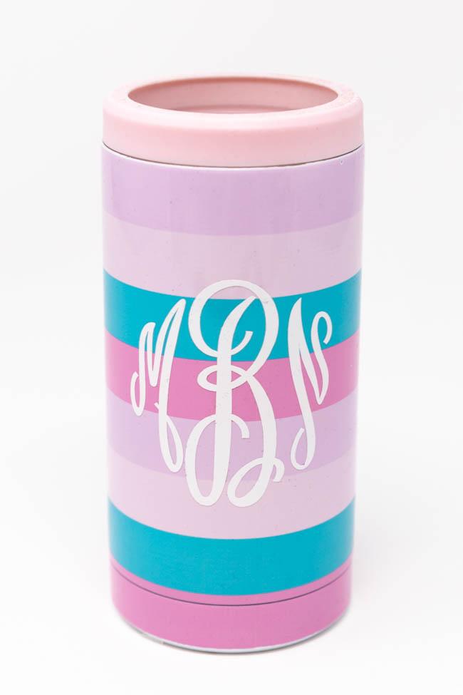 Create Your Own Sunshine 12oz Monogram Pink Stripe Can Cooler