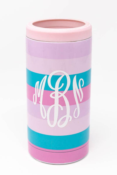 Create Your Own Sunshine 12oz Monogram Pink Stripe Can Cooler