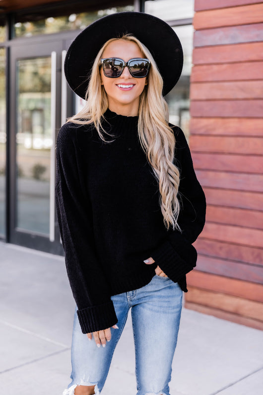 Play Your Part Mock Neck Chenille Sweater Black