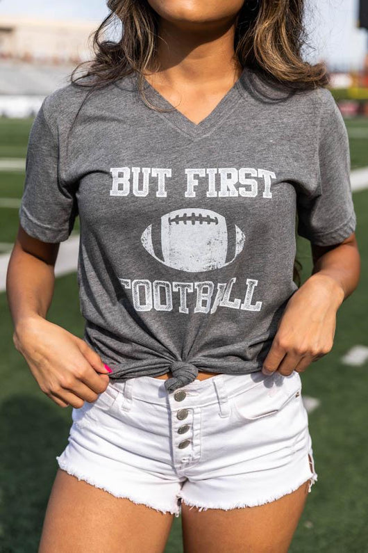 But First Football Graphic Grey V-Neck