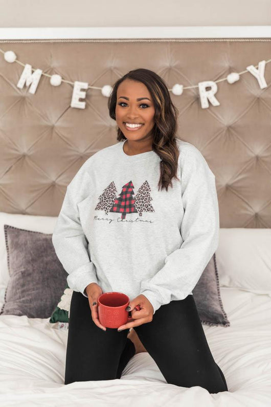 Plaid And Animal Print Trees Graphic Ash Sweatshirt