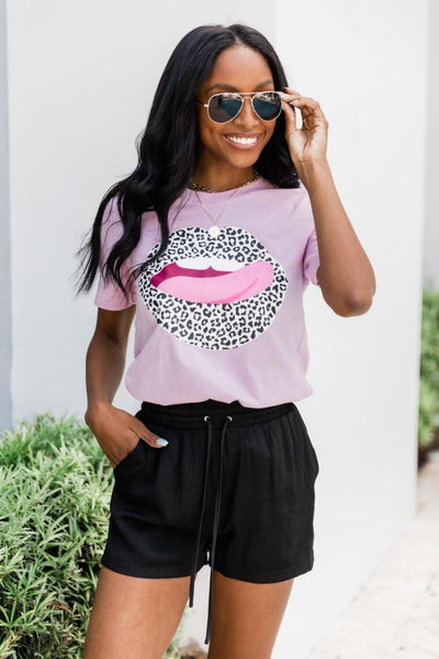 White Animal Print Lips Lilac Graphic Tee