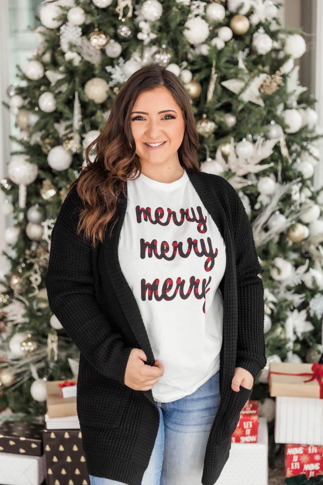 Plaid Merry Merry Merry Graphic White Tee