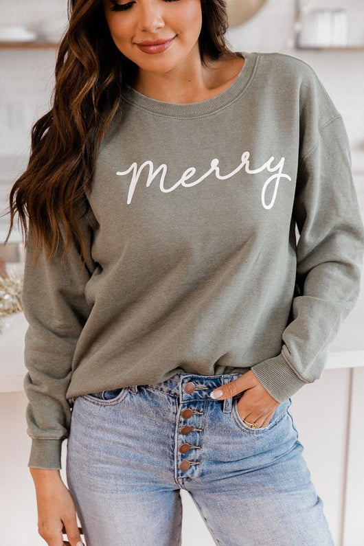 Merry Script Olive Graphic Sweatshirt