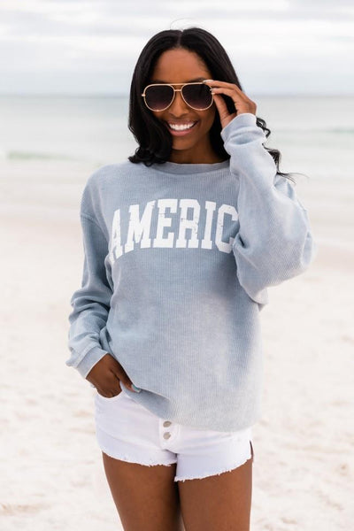 America Distressed Faded Denim Block Corded Graphic Sweatshirt