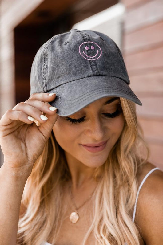 Smiley Face Embroidered Charcoal Baseball Cap