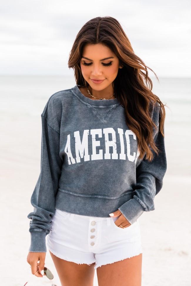 America Distressed Block Navy Cropped Corded Graphic Sweatshirt