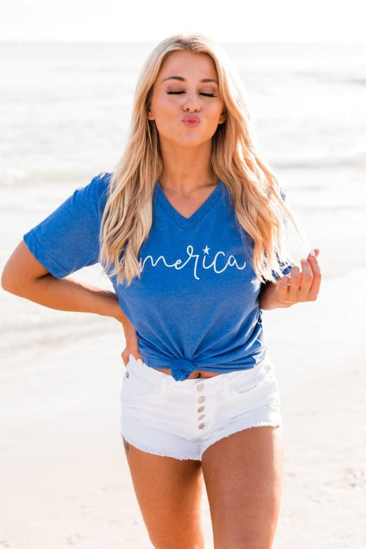 America Cursive Graphic V-Neck Heather True Royal Tee